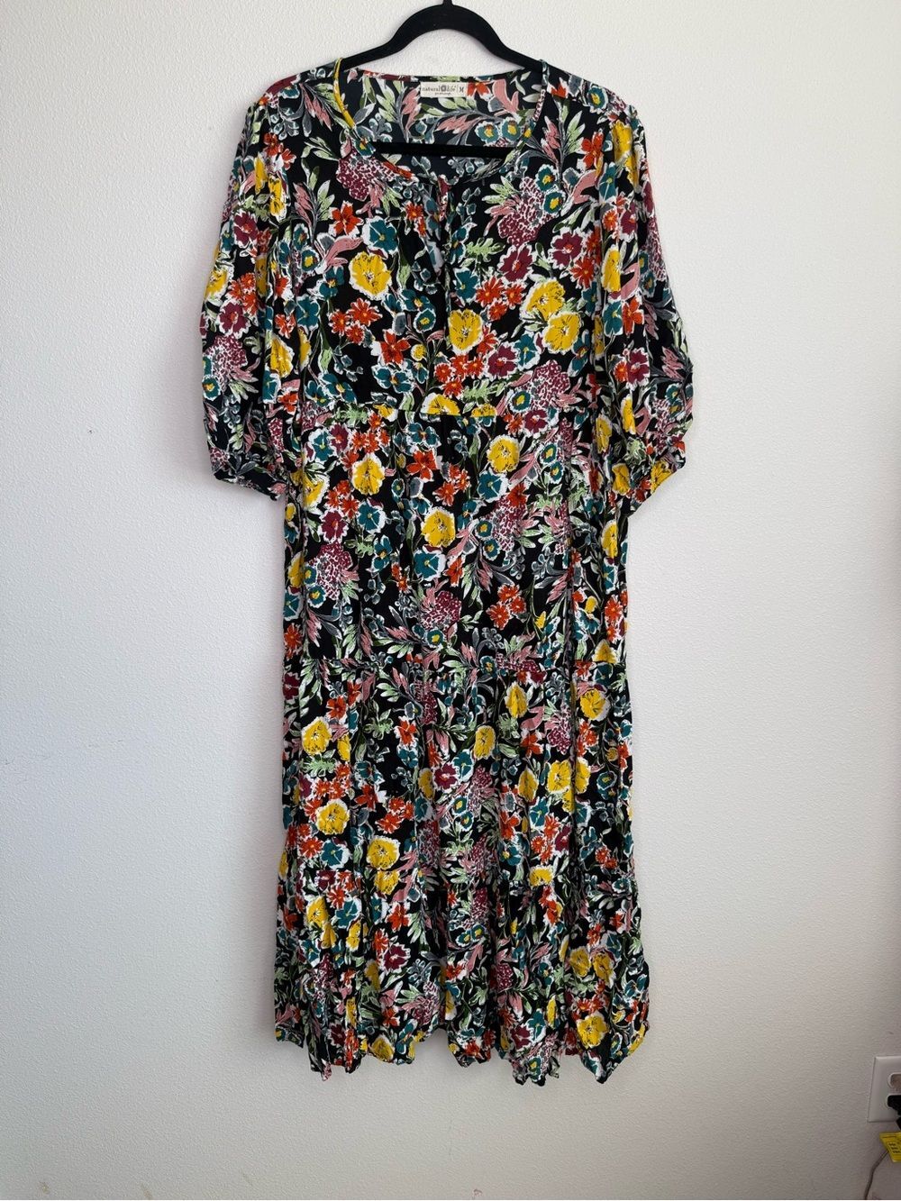 Natural Life Dress Sage V Neck Maxi Tiered Black floral Red Multi Yellow Accents - Picture 5 of 8